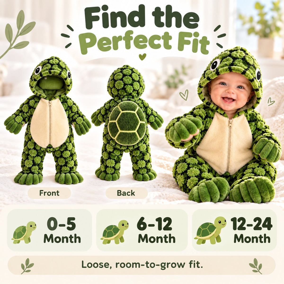 Little Turtle Plush 3D Shell Baby Onesie – Cute Hooded Cozy Romper