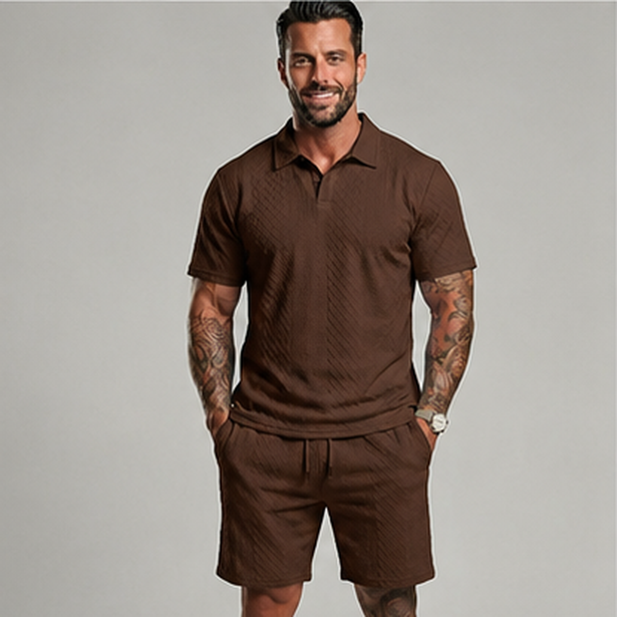 👔 Mens Textured Short Sleeve Polo Shirt and Drawstring Shorts 2 Piece Set 🩳