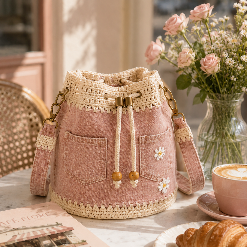 ๐ฅLast Day 49% OFF-๐ผ Denim Crochet Daisy Bucket Bag & Crossbody Purse ๐