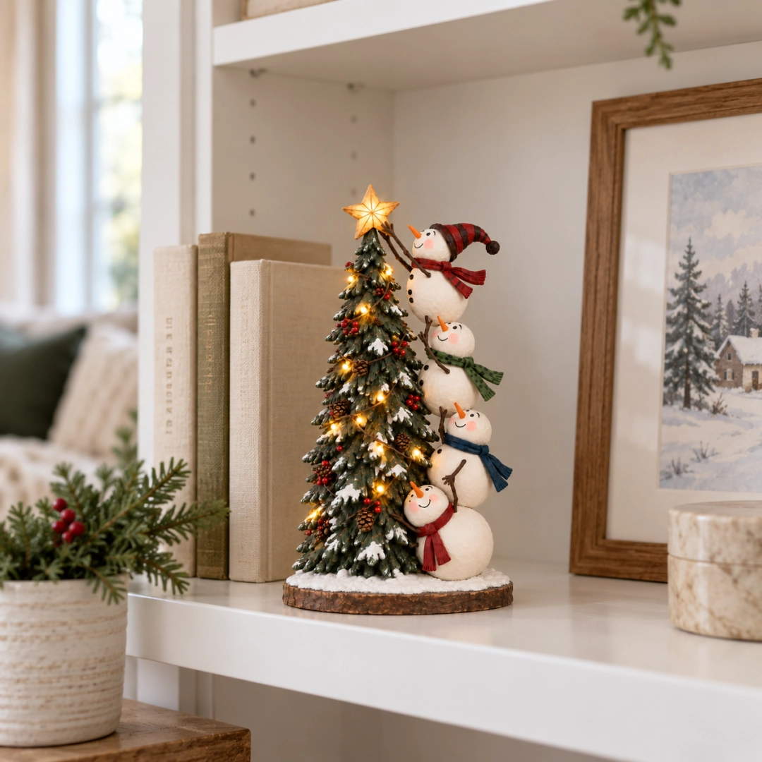 ⛄ Lighted Snowmen Christmas Tree Figurine – 4 Snowmen, Glowing Star & Remote Control