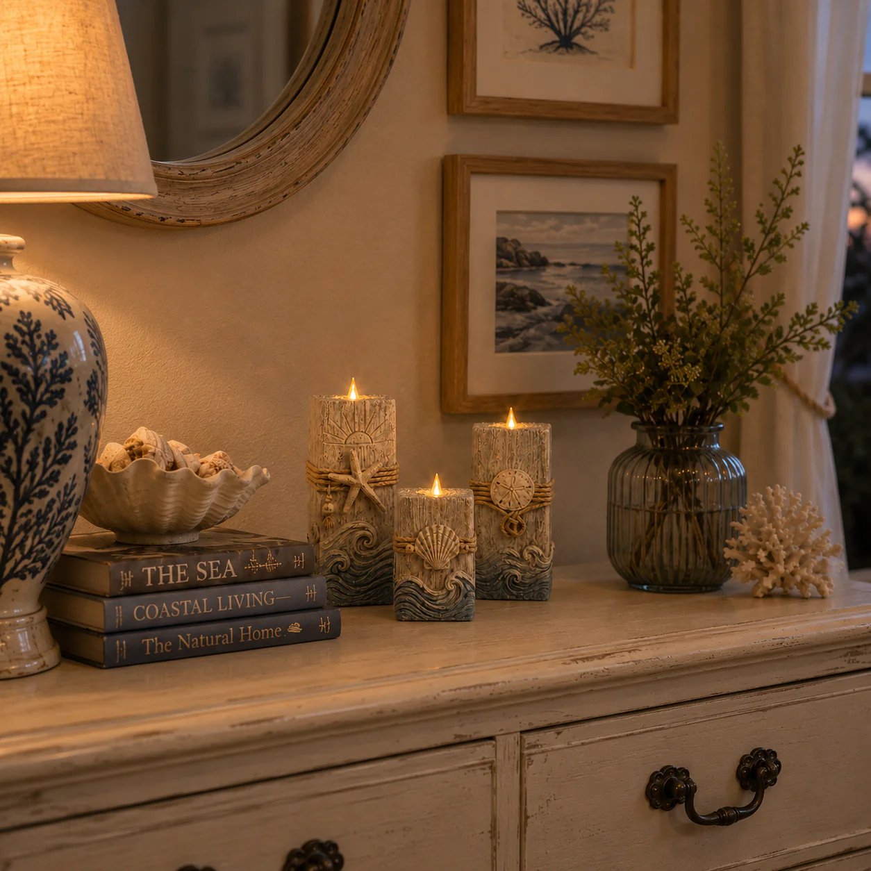 🔥 HOT SALE 🔥🌊 Coastal Wooden LED Candle Set of 3 with Remote & Timer 🕯️