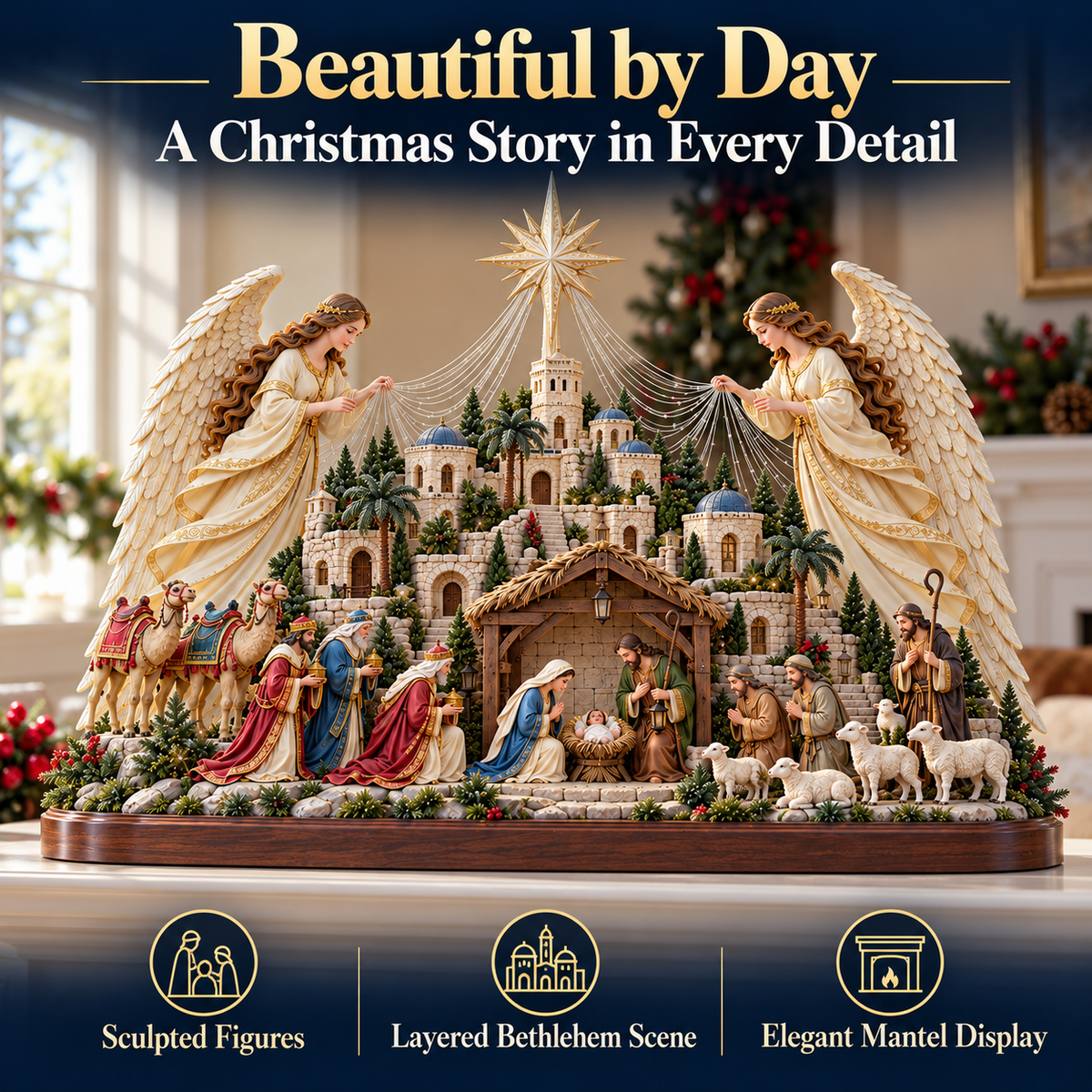 🎄✨ Angels Over Bethlehem™ – Lighted 3D Nativity Mantel Centerpiece with Angel Wings & Star