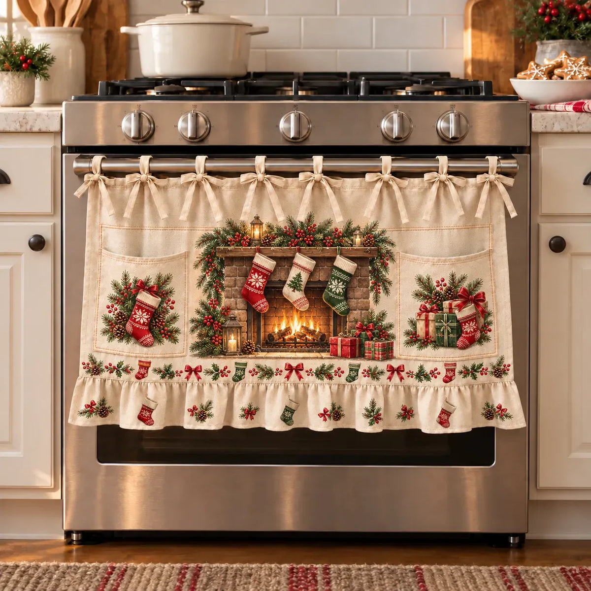 🎄 Christmas Kitchen Tie-On Skirt with Pockets & Ruffled Trim - Appliance Valance