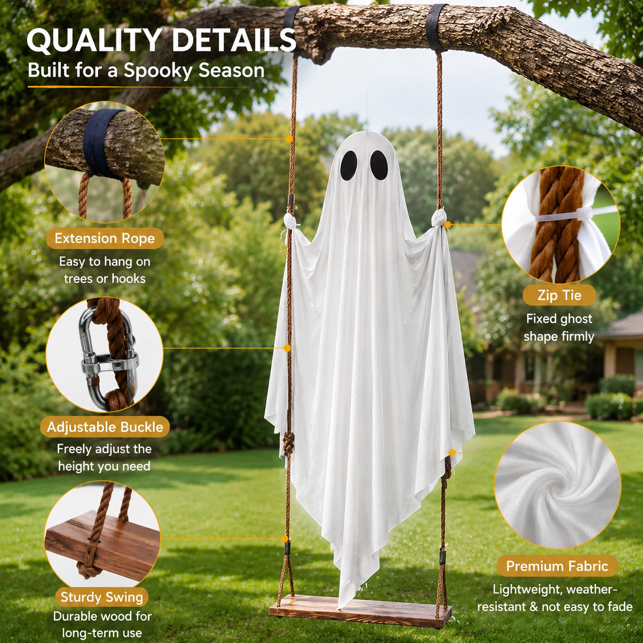 🔥 50% OFF TODAY 👻 5FT Giant Hanging Ghost Swing Light - Outdoor Halloween 🎃