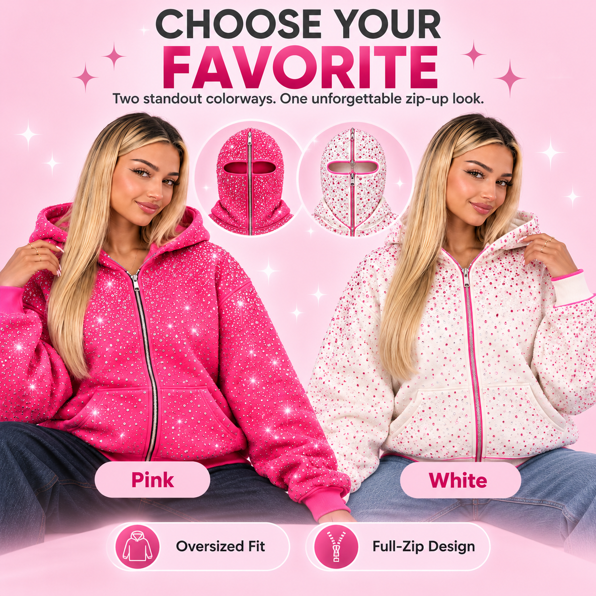 💎 50% OFF Rhinestone Full-Zip Hoodie – Oversized Y2K Balaclava Streetwear