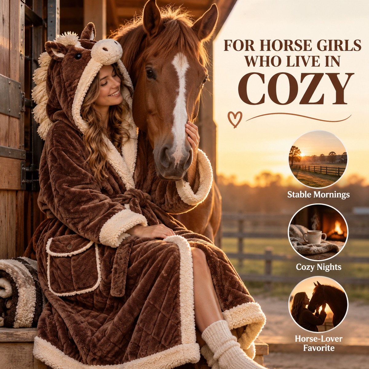 🐴 Horse Lover Plush Robe – Full-Length Sherpa-Lined Cozy Hooded Bathrobe