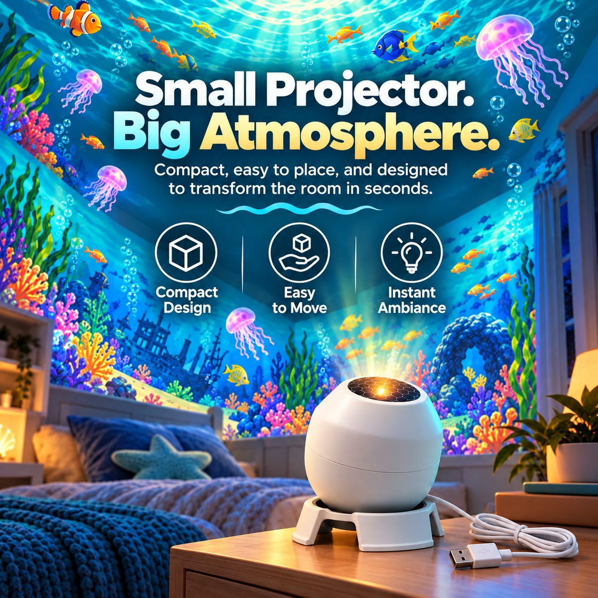 π Ocean Glow Underwater Projection Light β 360Β° Adjustable USB-Powered Bedroom Mood Projector