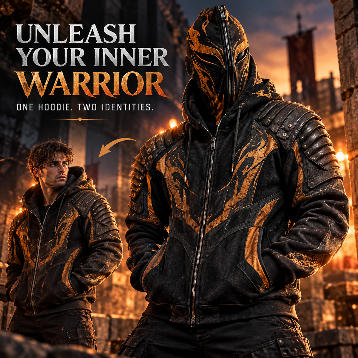 🔥 Full-Face Zip Hoodie – Armor-Inspired Fleece Streetwear with Quilted Shoulders