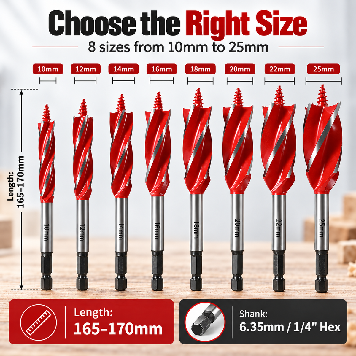 🔨 8-Piece 4-Flute Woodworking Drill Bit Set with Hex Shank 🪵