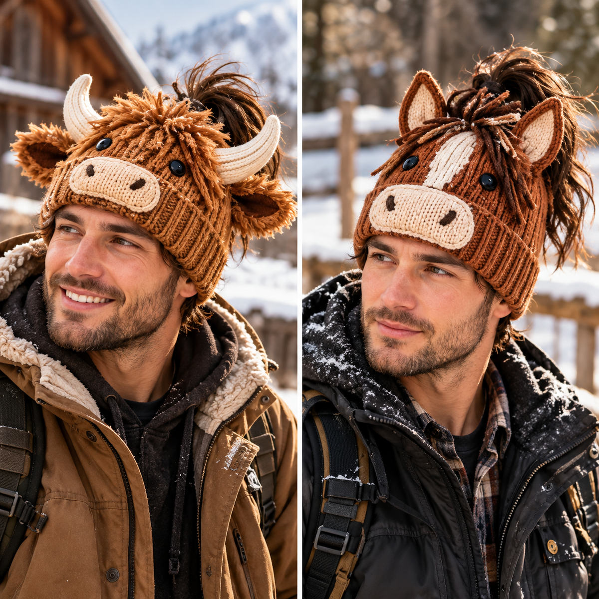 🐮🐴 Cozy Farm Friends™ – Highland Cow & Horse Ponytail Beanie | Cute Animal Knit Winter Hat for Men & Women