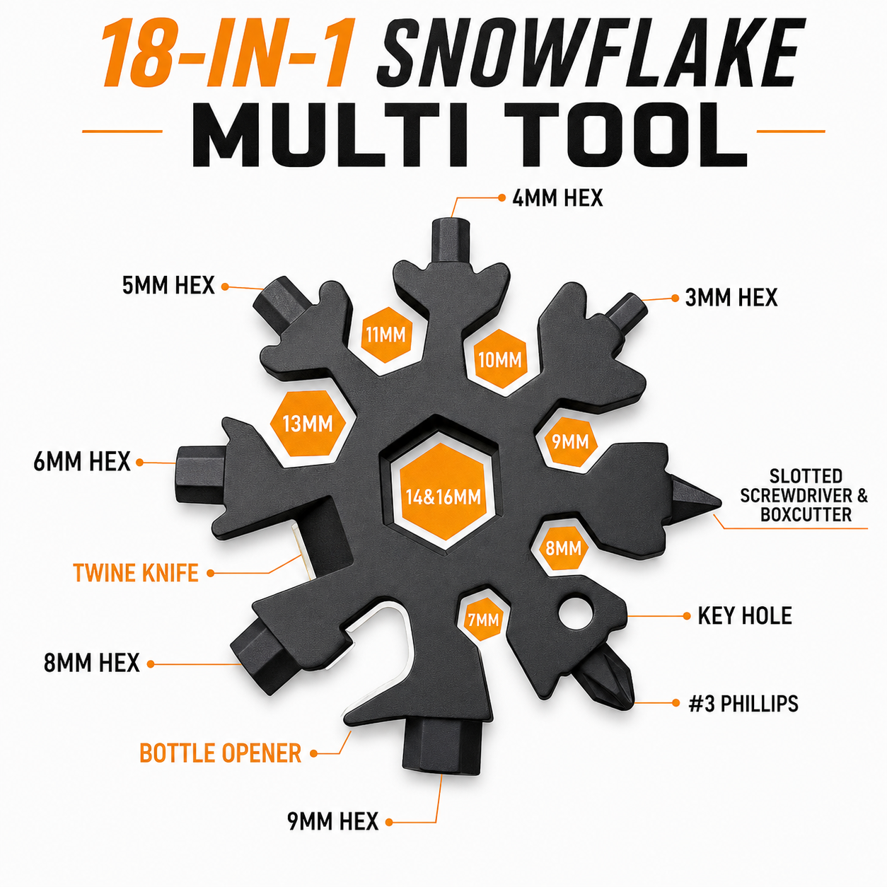 ❄️ 18-in-1 Stainless Steel Snowflake Multitool Keychain 🛠️