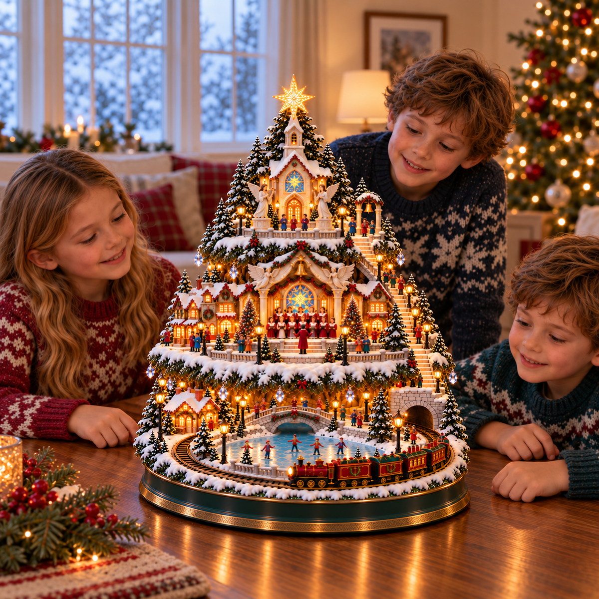 🎄🎅OFF Lighted Christmas Village Tree with Train & Carouse✨