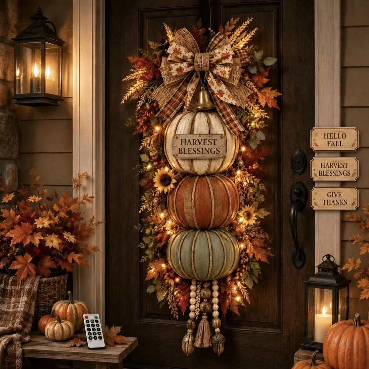 π Lighted Rustic Wooden Pumpkin Door Hanger β Farmhouse Fall Porch & Thanksgiving Decor