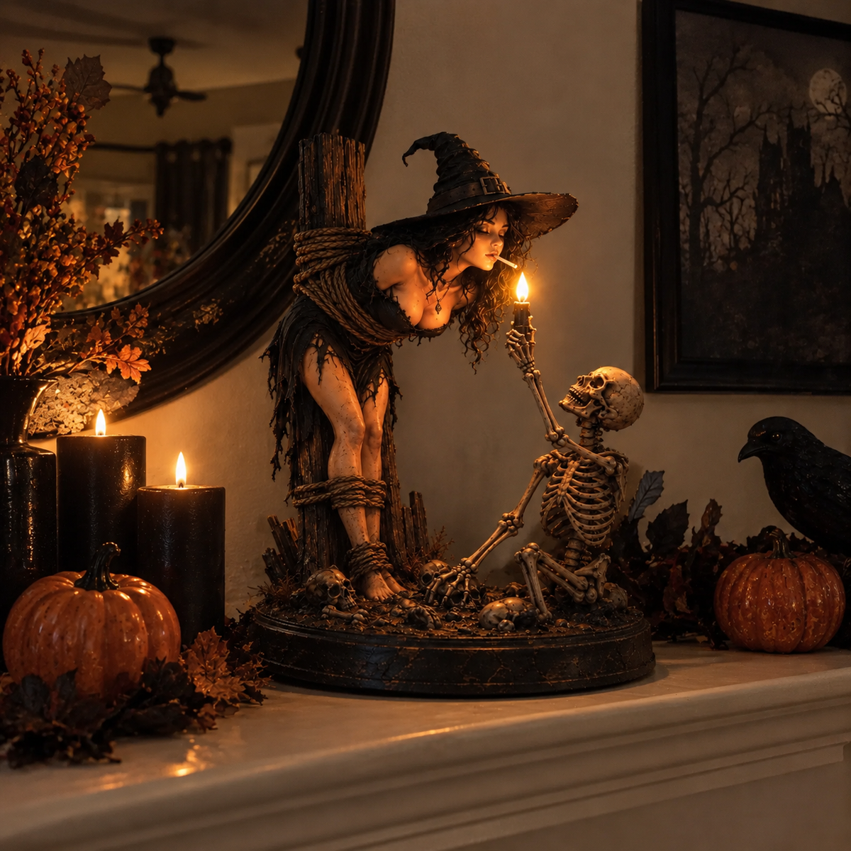 Witch & Skeleton Candle Scene Figurine β Dark Gothic Halloween Tabletop Decor