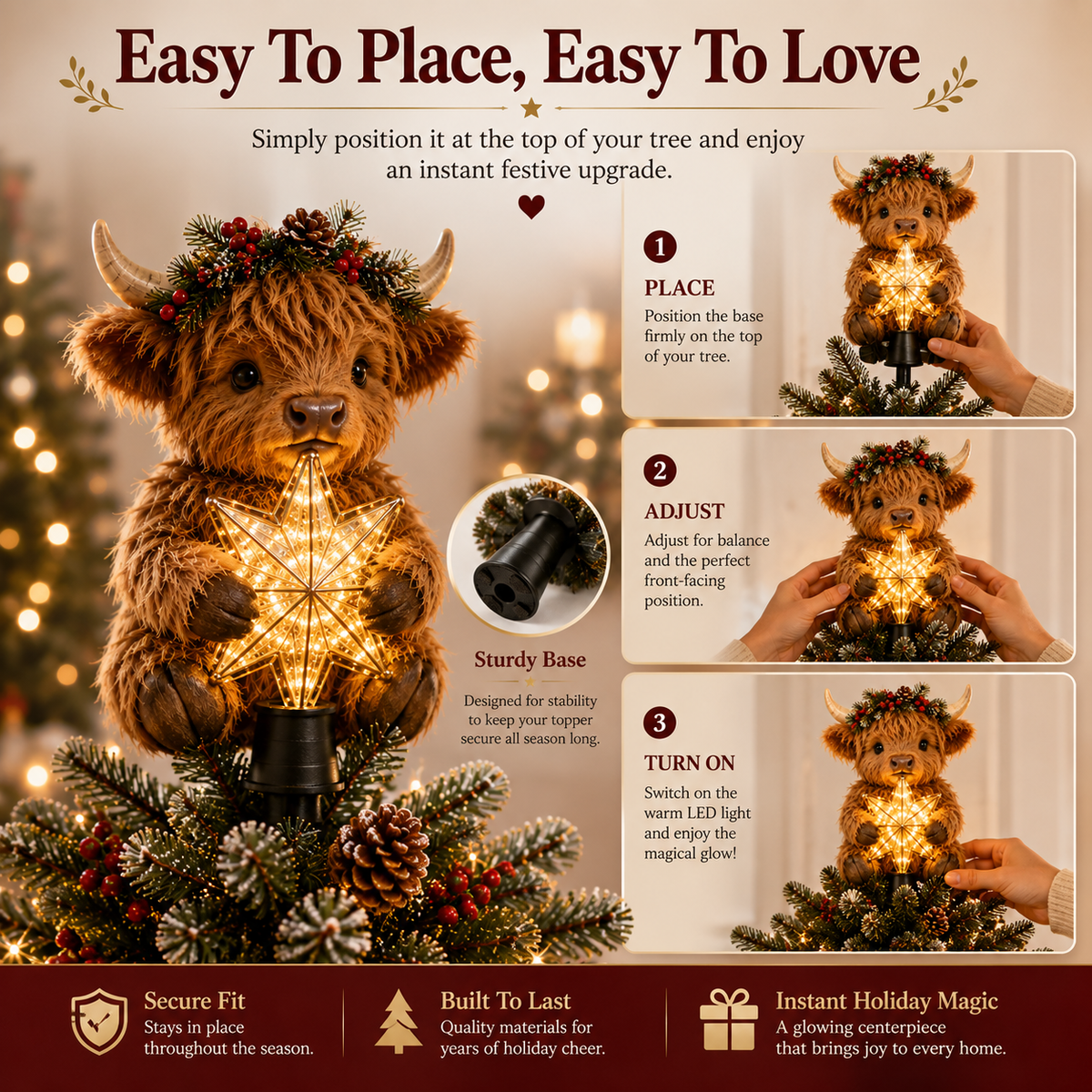 🐮 Baby Highland Cow Glowing Star Christmas Tree Topper – Fluffy Holiday Centerpiece ✨