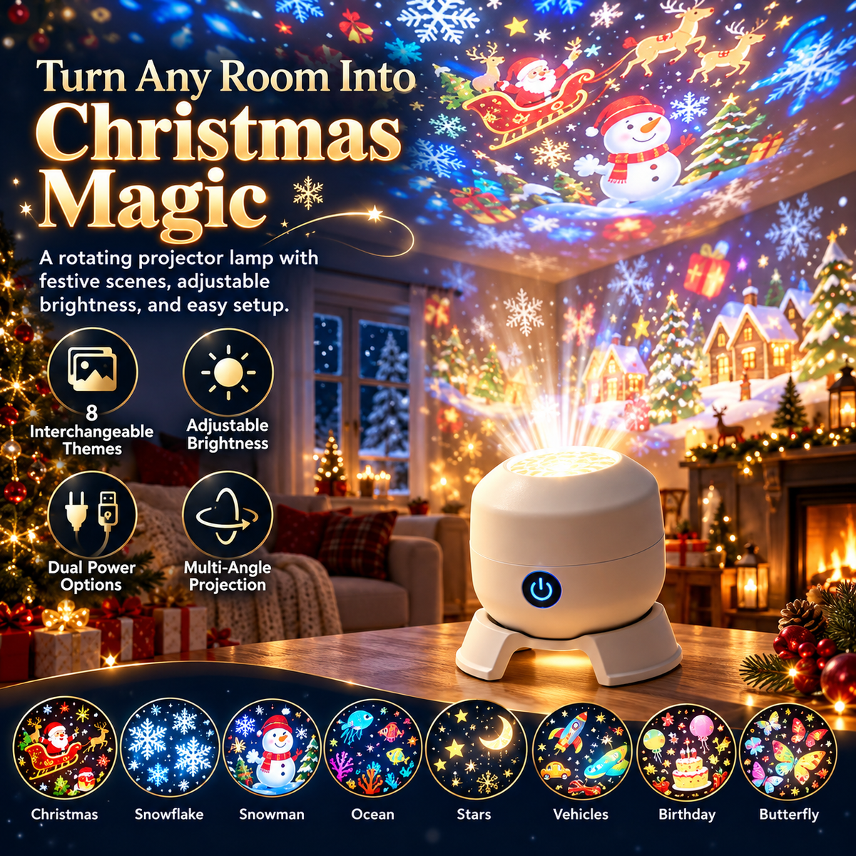 π 50% OFF β Christmas Rotating Projector Light with 8 Festive Scenes β¨