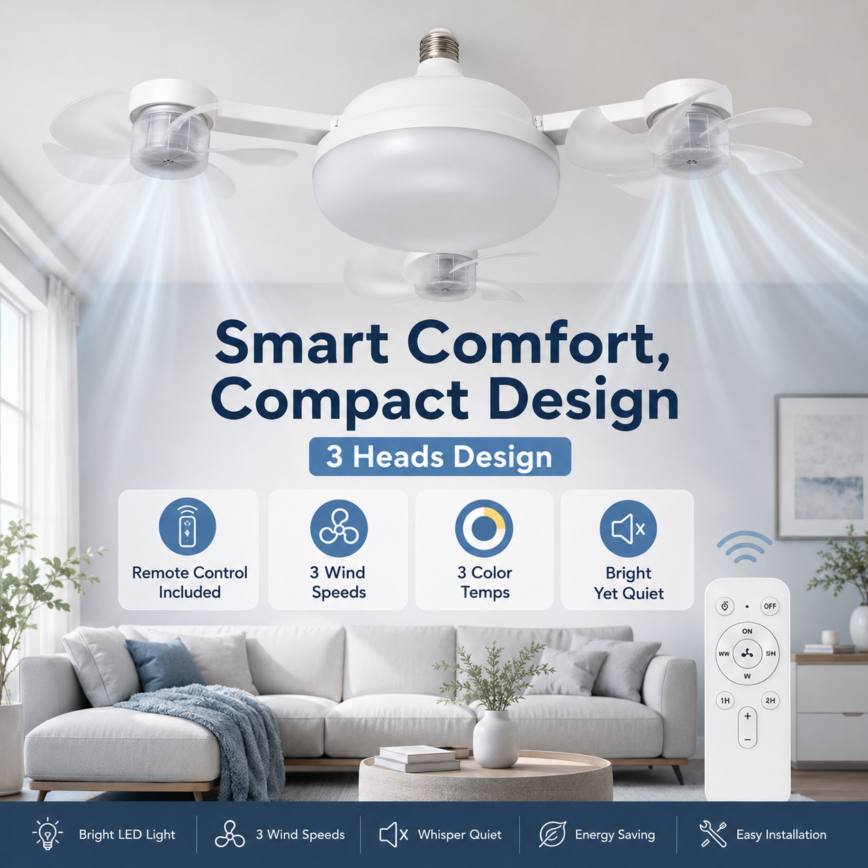 🔥50% OFF TODAY💡 2-in-1 Ceiling Fan Light 🔧No Wiring • No Tools • Just Screw It In