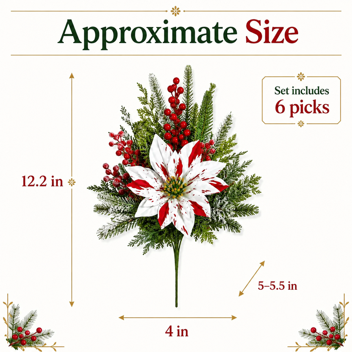 🎄 Set of 6 Christmas Poinsettia Planter Insert Picks – Red & White Holiday Urn Decor 🌺