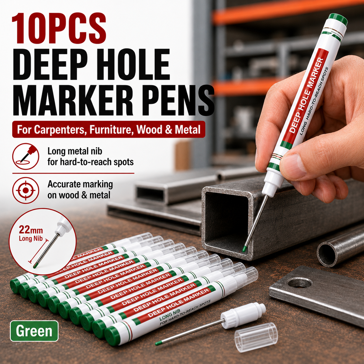 π₯ 10-Pack Deep Hole Marker Pens β For Carpenters, Furniture, Wood & Metal