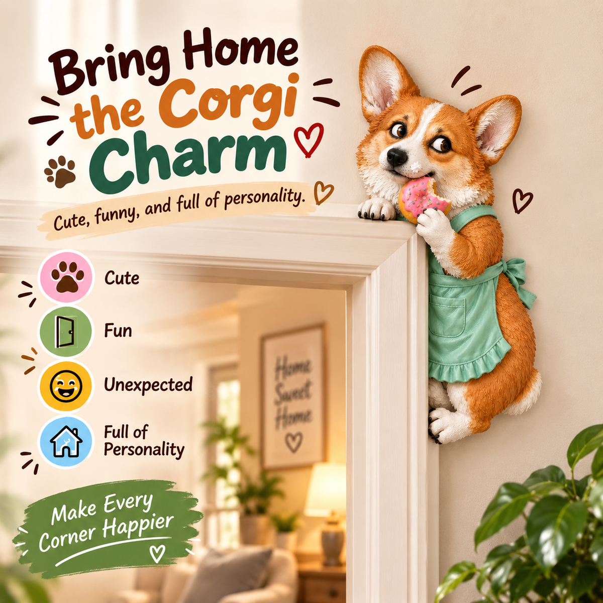👀Adorable Corgi Door Frame Decor Funny Corner Wall Art