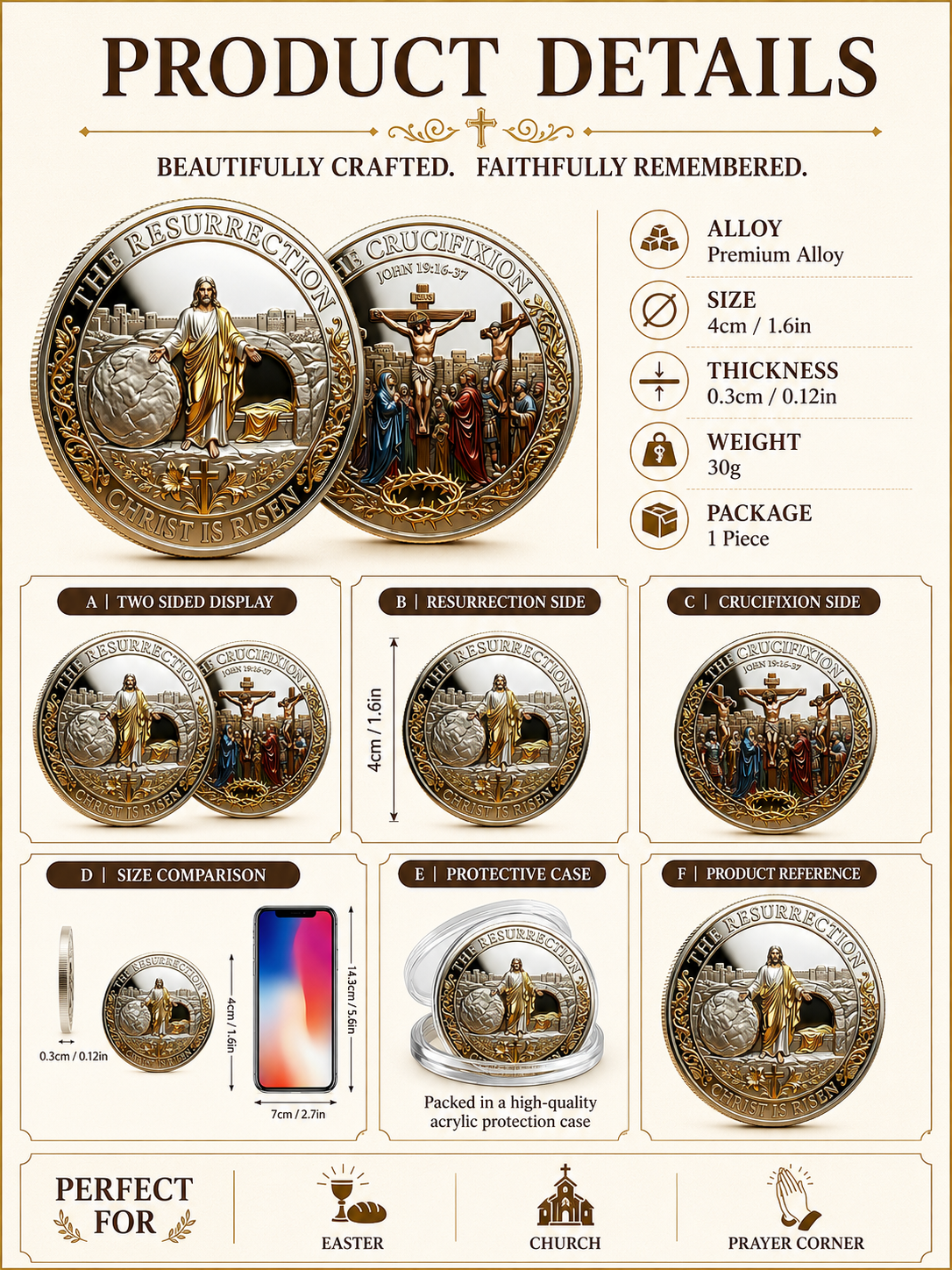 ✝️ Easter Memorial Coin 🙏🪙 Collectible Faith Keepsake Coin – Double-Sided 3D Relief Religious Token 🕊️
