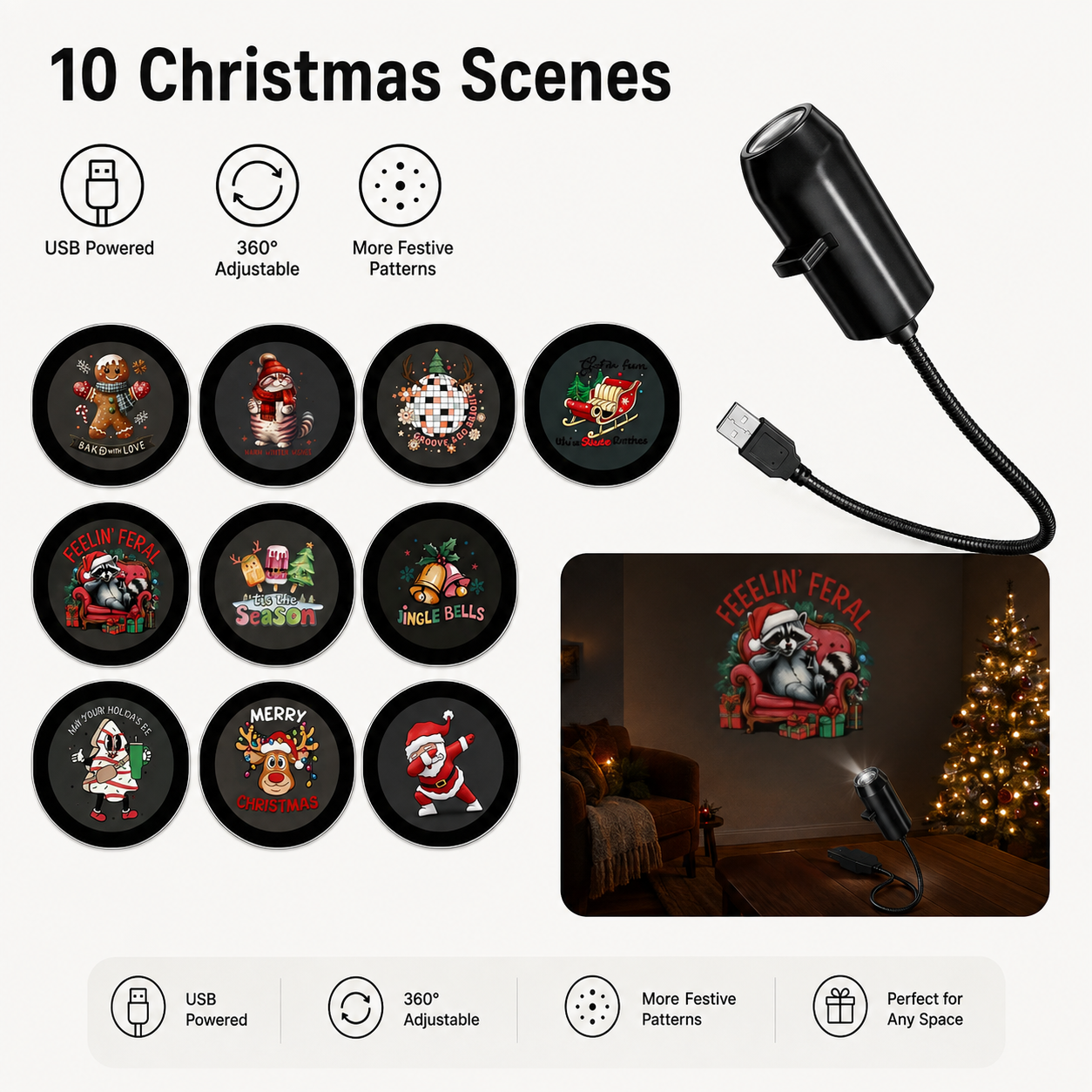 π₯Last Day 50% OFF-Plug-&-Play HD Christmas Projector β 6 or 10 Festive Scenes