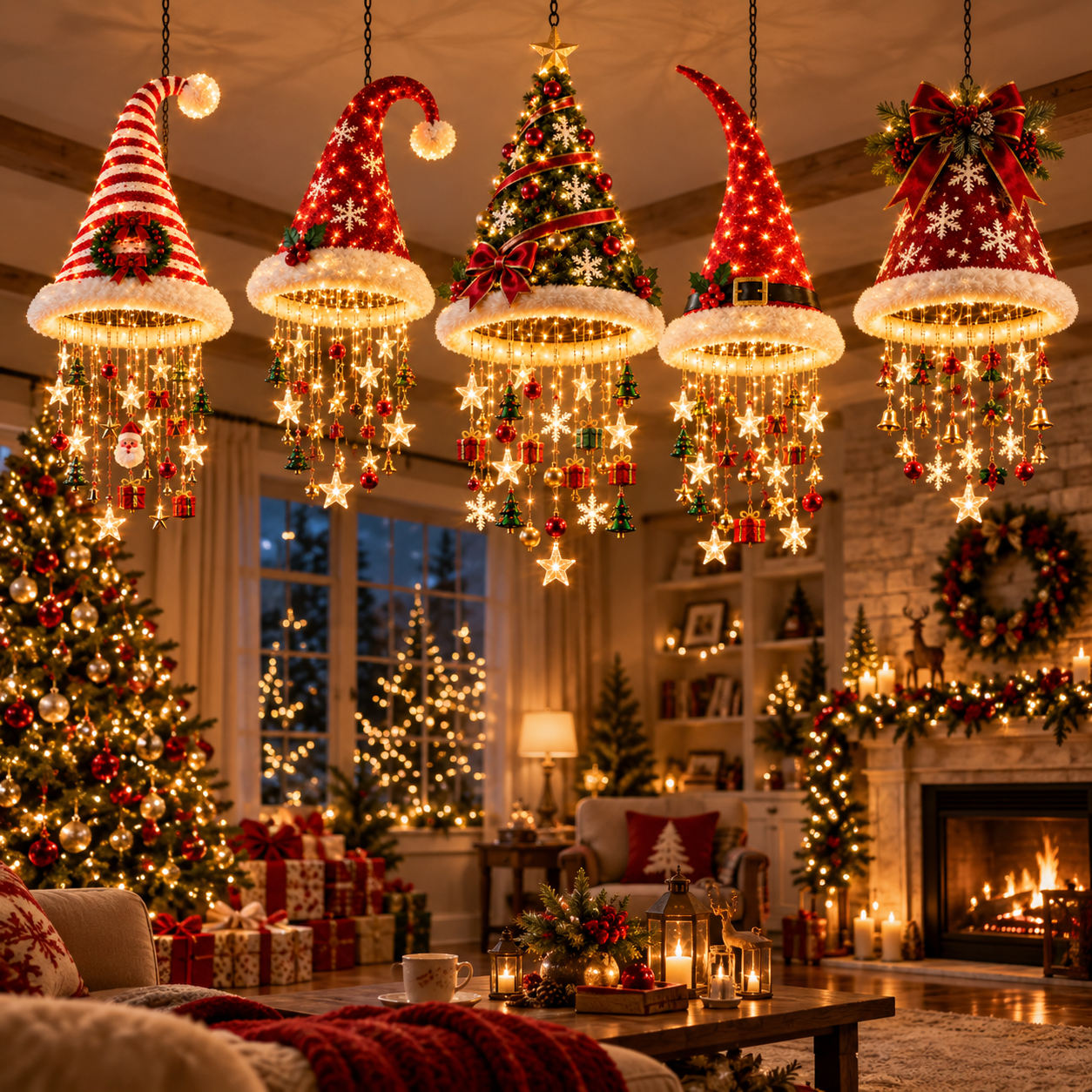 🎄✨Christmas Hat Hanging Chandelier Light with Festive Ornaments