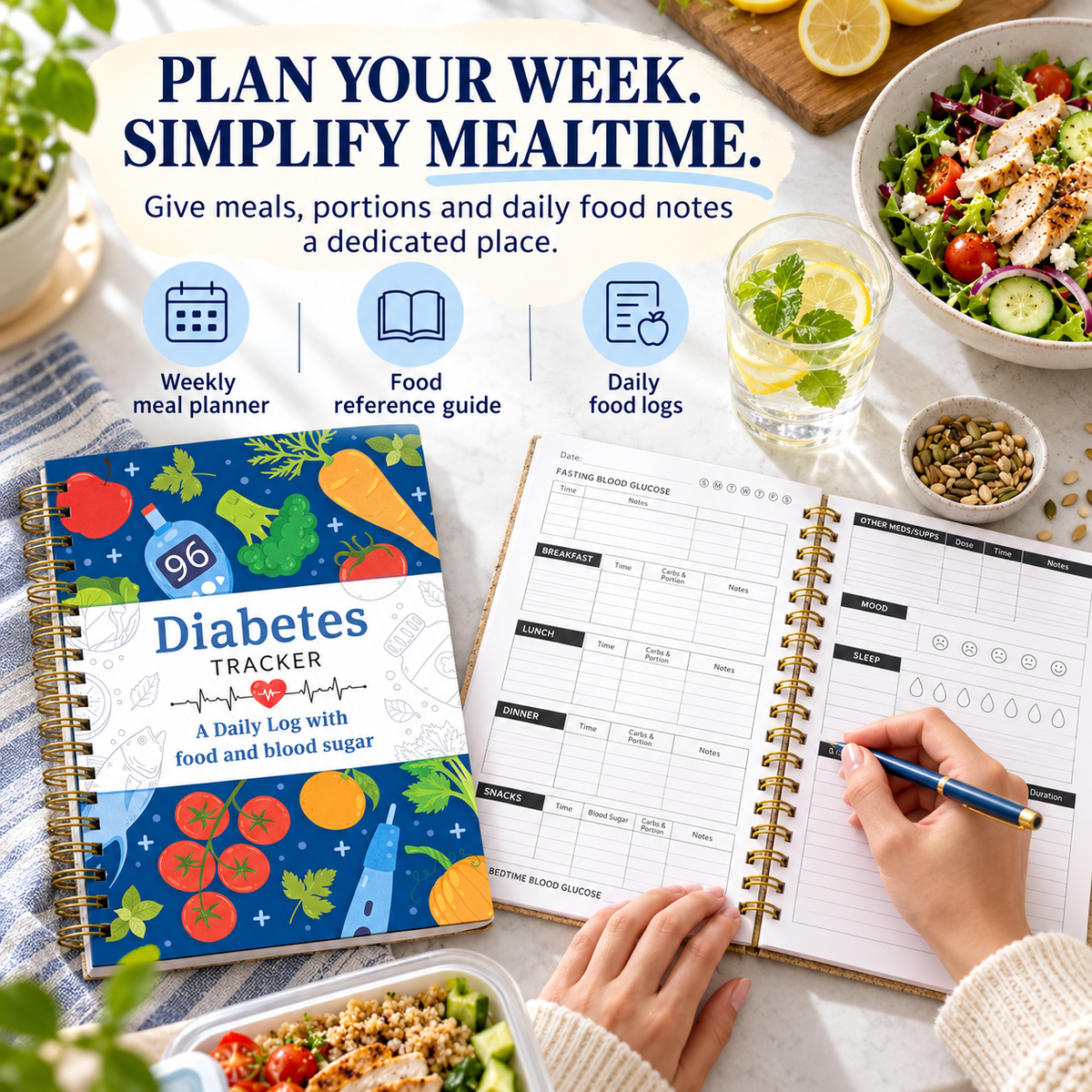 📘 Diabetes Tracker Book with Food Guide & Meal Planner ✨