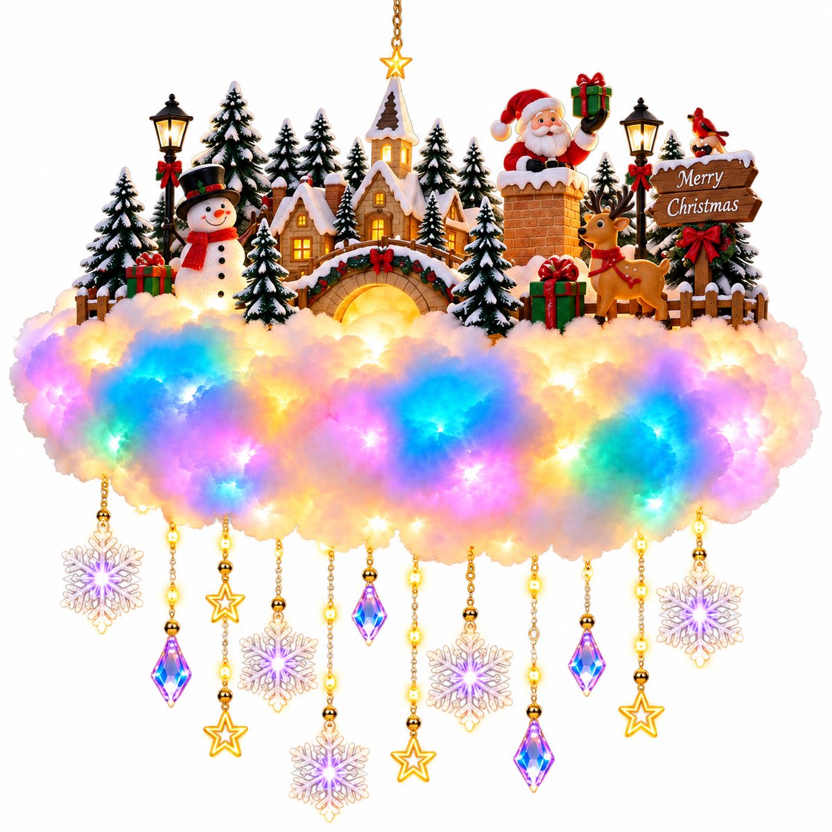 π
Santa & Reindeer Christmas Cloud Light β Colorful Glow with Hanging Stars & Snowflakes