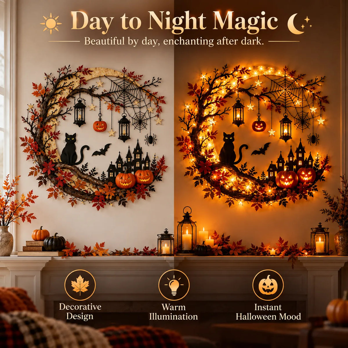 🚚 FREE SHIPPING 🎃 Enchanting Halloween Crescent Moon Wall Light with Black Cat & LED Lanterns 🐈