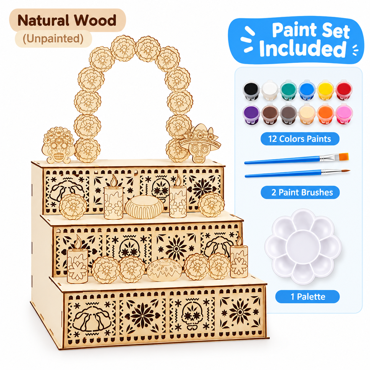 🔥Last Day 49% OFF - 🌼 Día de los Muertos 3-Tier Wooden Remembrance Altar Display Set 💀