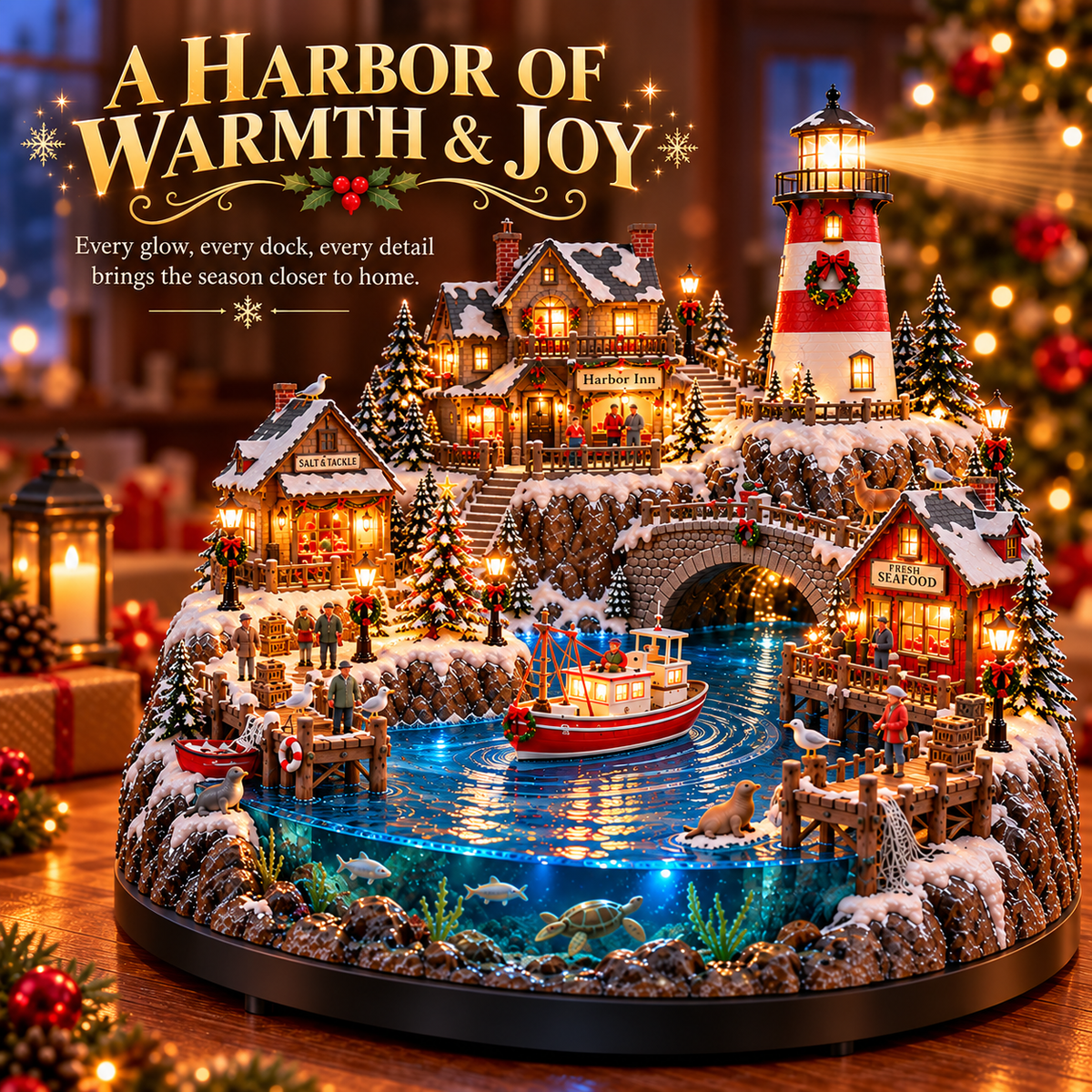 🌊 50%+ OFF Harborlight Christmas™ – Lighted Coastal Village with Lighthouse & Underwater Scene 🎄
