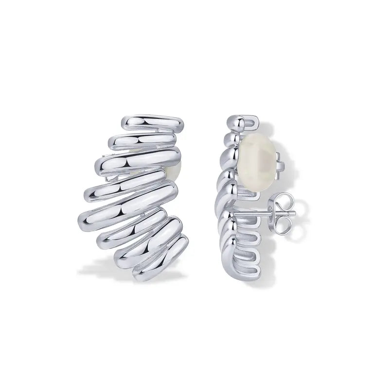 ✨ 50% OFF 14K Gold Plated Climber Stud Earrings for Women – Ribbed Statement Style