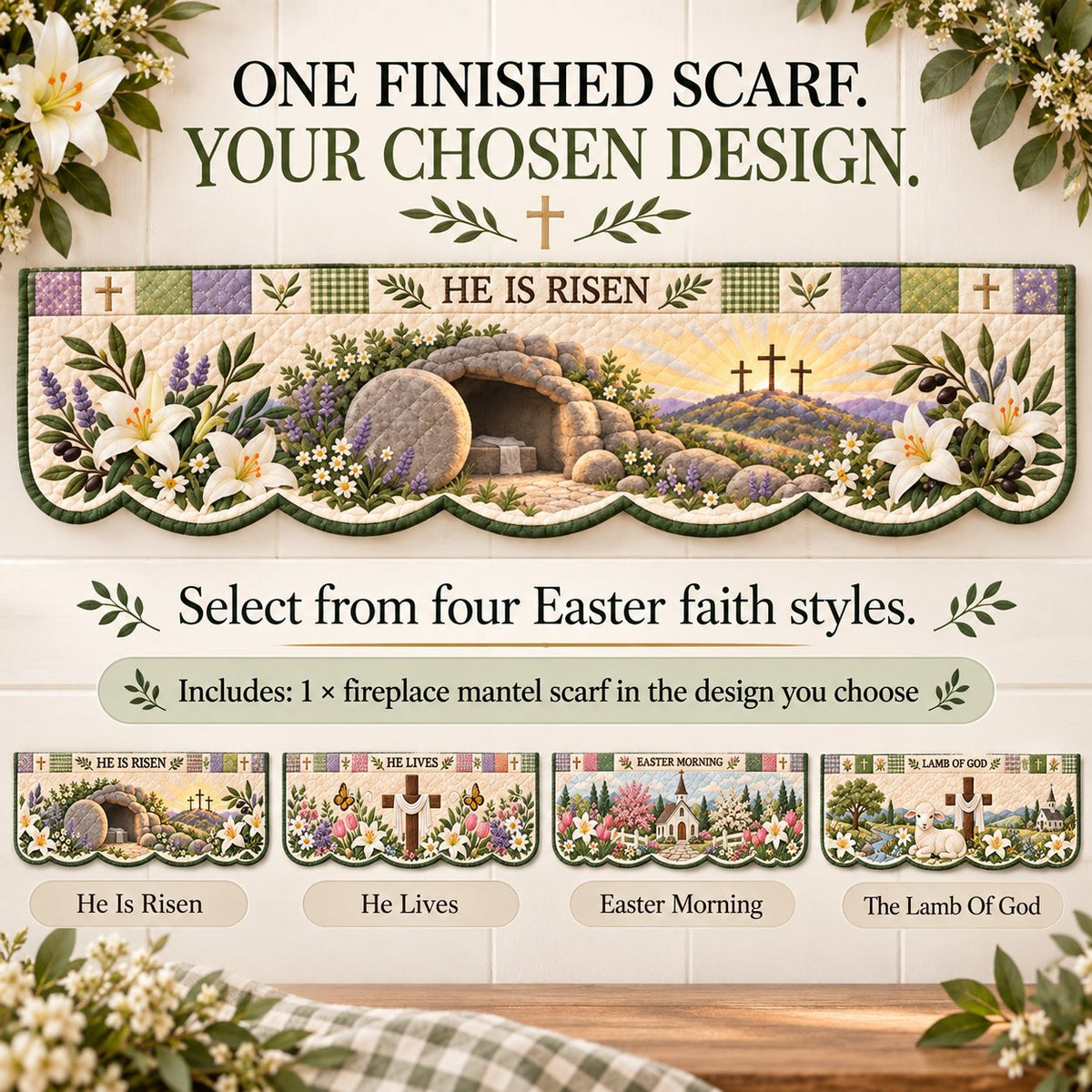 ✝️ Easter Faith Quilted Mantel Scarf | Patchwork Christian Fireplace Décor for Spring & Easter 🌷