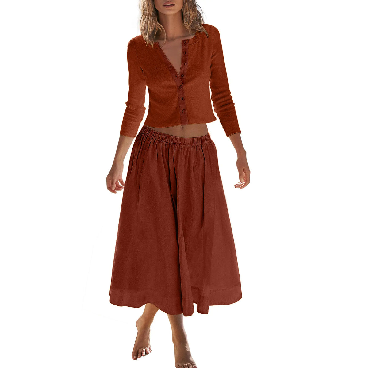 👗 Women's 2-Piece Ribbed Cardigan & Flowing Skirt Set ✨