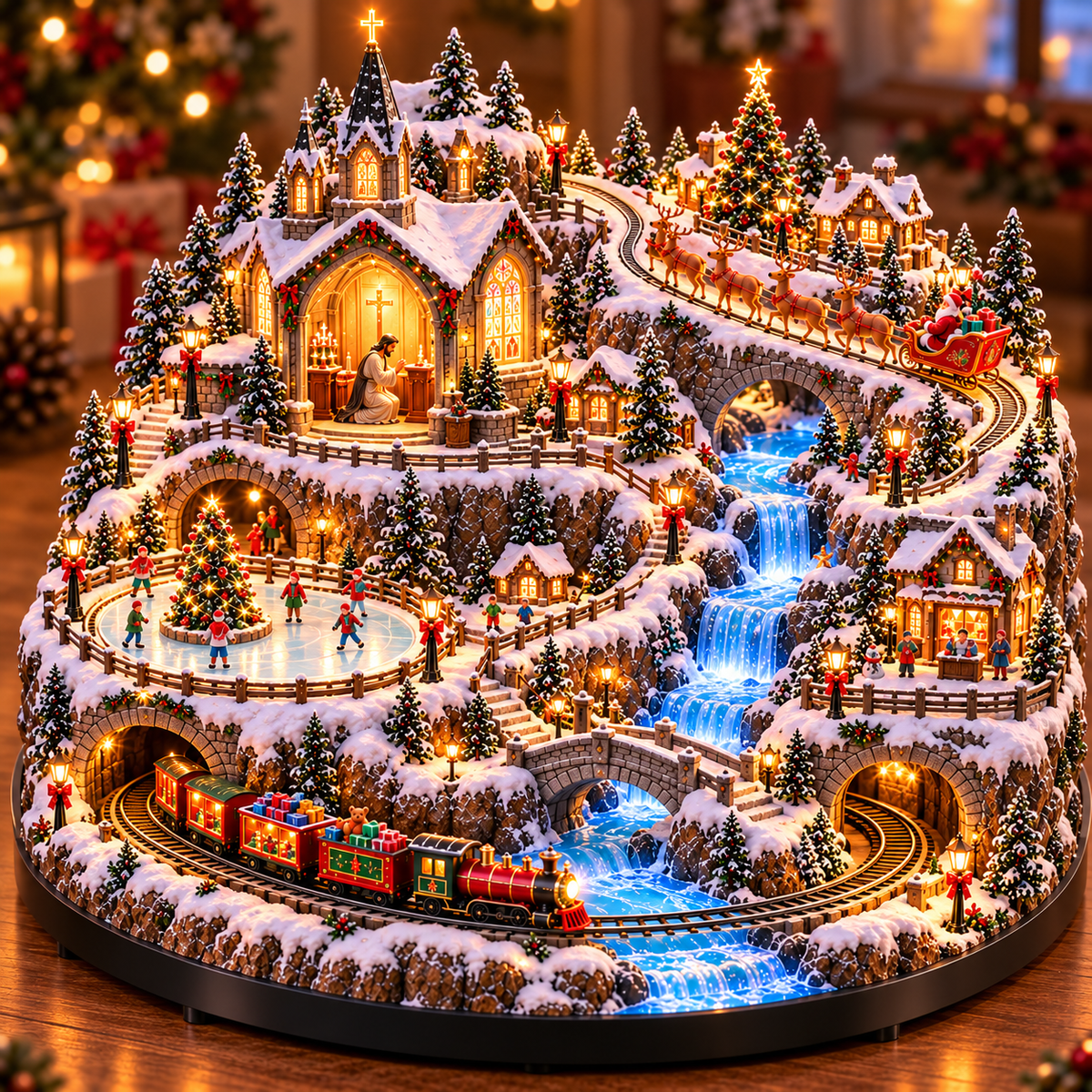 🔥 Lighted Animated Christmas Village with Train, Reindeer Sleigh & Waterfall ✨