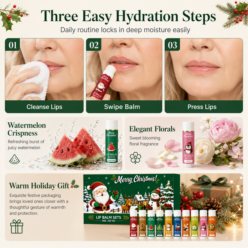 🎄 Christmas Lip Balm Gift Set – 10 Moisturizing Stocking Stuffers 🎁