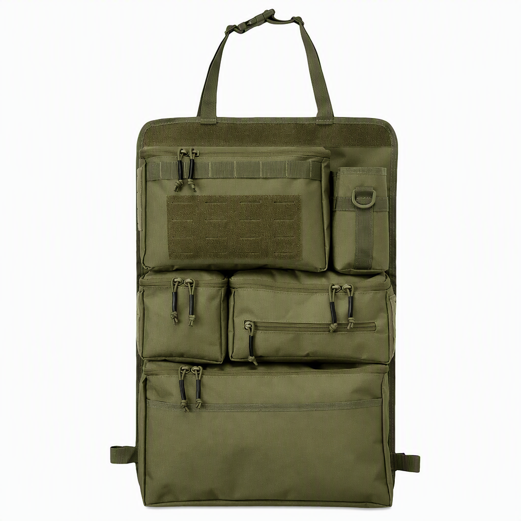 π Tactical Car Backseat Organizer: Heavy-Duty Nylon, Webbed Loops, Buckled Straps, Universal Fit