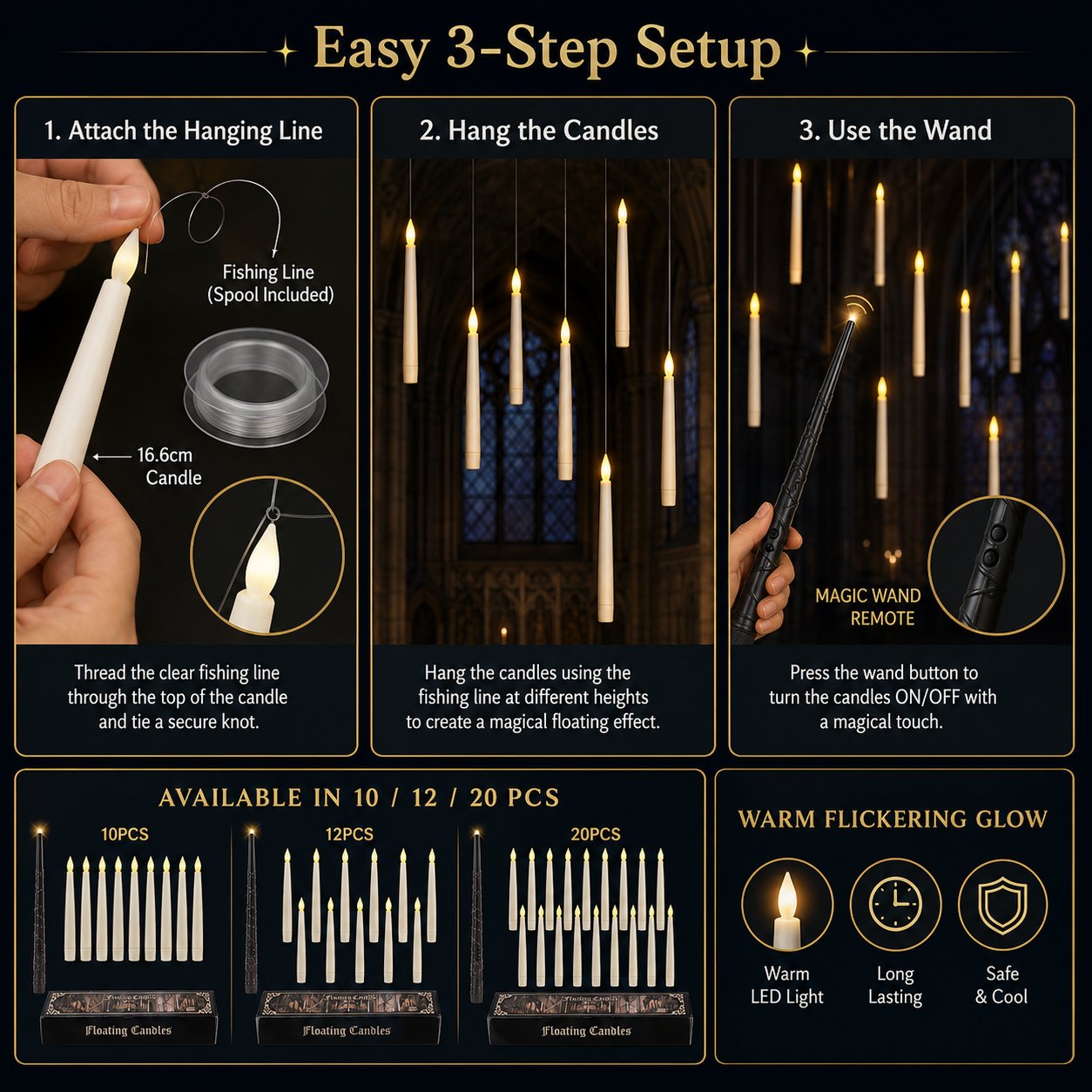 ✨ Floating LED Candles with Wand Remote | Flameless Hanging Candle Set🪄
