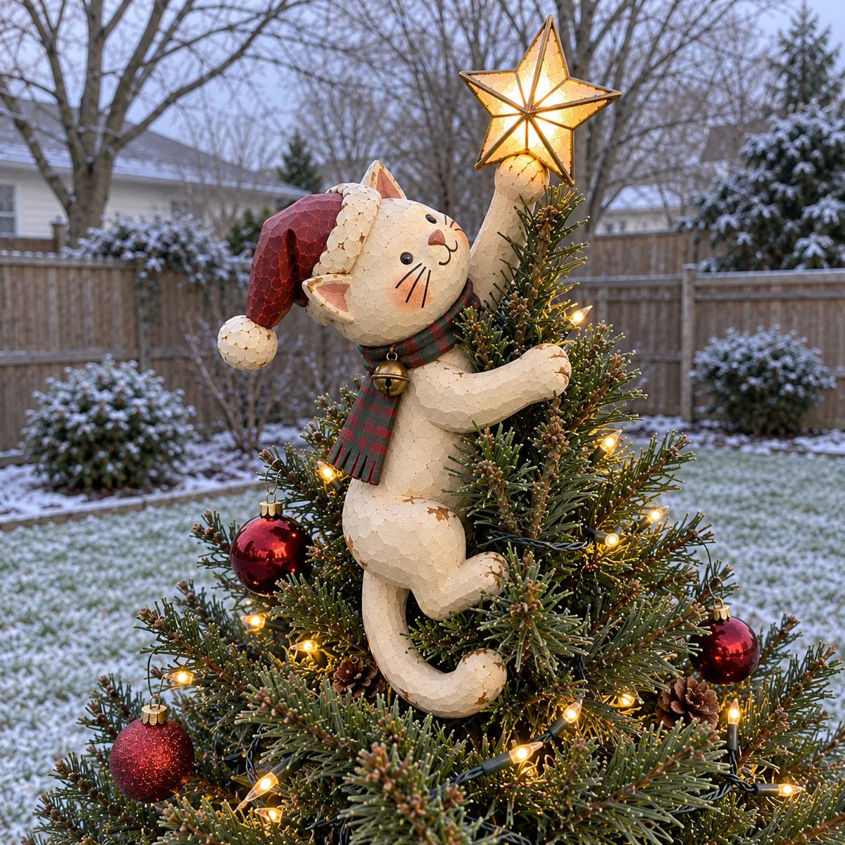 🎄 Lighted Christmas Cat Tree Topper – Climbing Kitty with Glowing Star