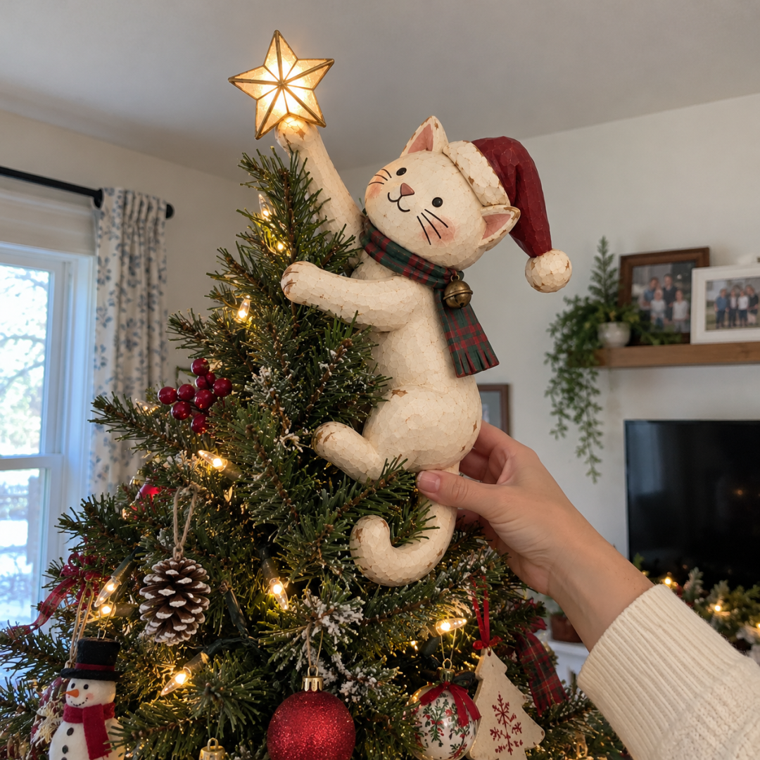 🎄 Lighted Christmas Cat Tree Topper – Climbing Kitty with Glowing Star
