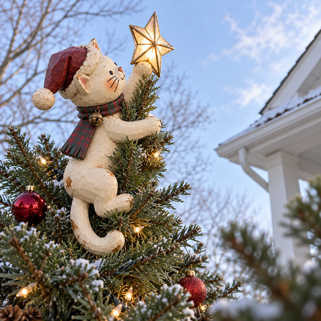 🎄 Lighted Christmas Cat Tree Topper – Climbing Kitty with Glowing Star