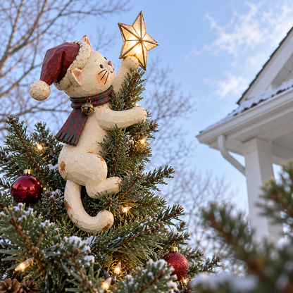 🎄 Lighted Christmas Cat Tree Topper – Climbing Kitty with Glowing Star