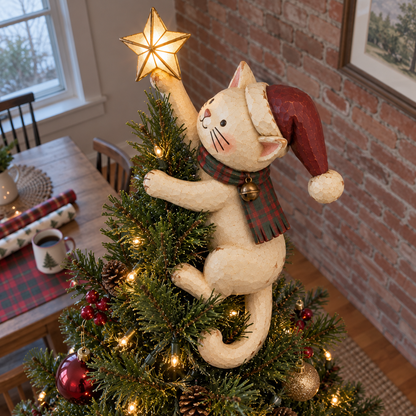 🎄 Lighted Christmas Cat Tree Topper – Climbing Kitty with Glowing Star