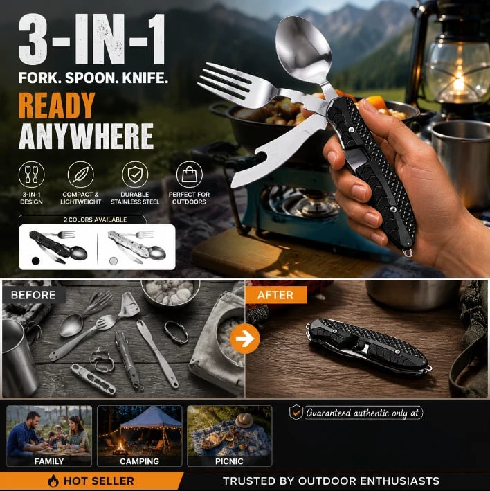 🏕️ 4-In-1 Folding Camping Utensil Set – Spoon, Fork, Knife & Bottle Opener