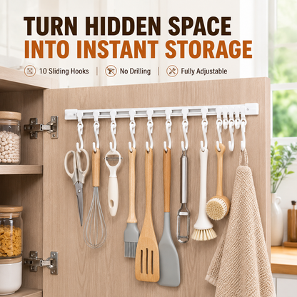 🪝 No Drill Cabinet Door Sliding Rail Organizer 30cm with 10 Adjustable Hooks 🚪