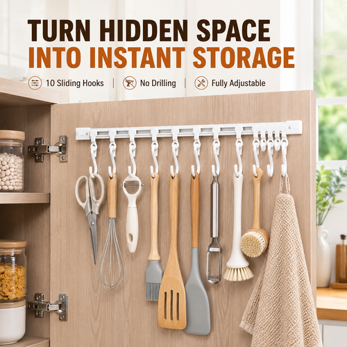 🪝 No Drill Cabinet Door Sliding Rail Organizer 30cm with 10 Adjustable Hooks 🚪