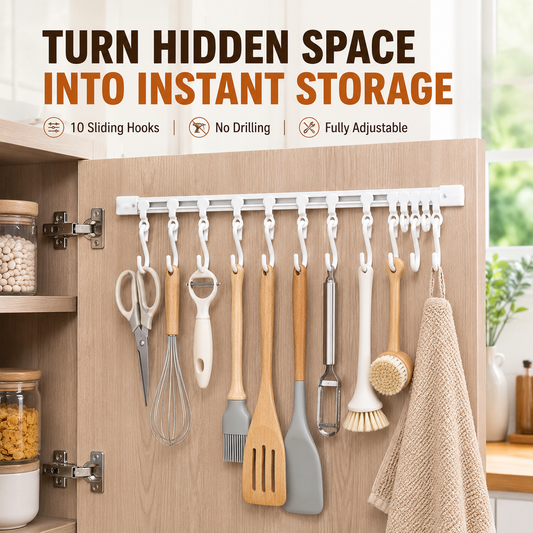 🪝 No Drill Cabinet Door Sliding Rail Organizer 30cm with 10 Adjustable Hooks 🚪