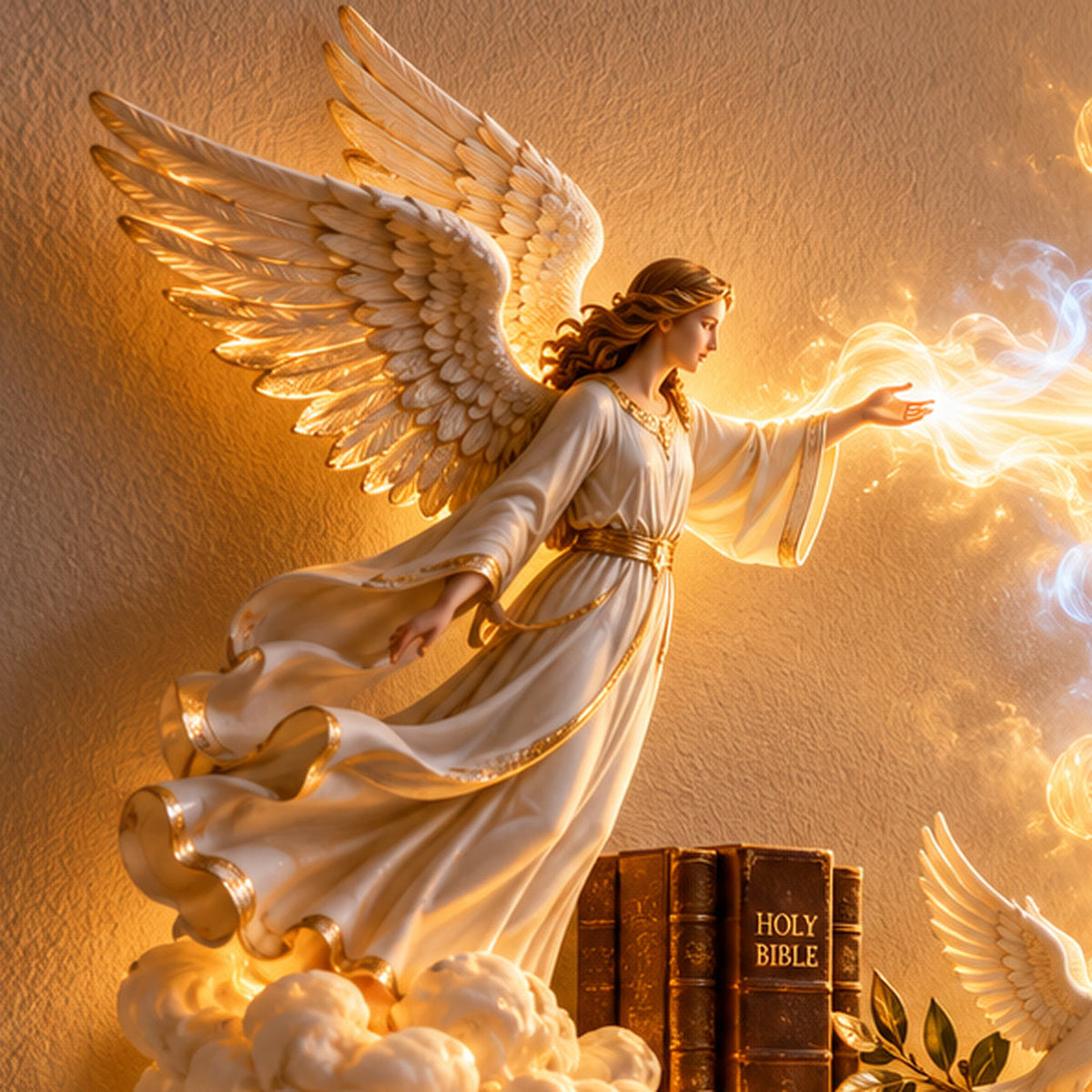 Close-up artwork of angel wings and flowing robes