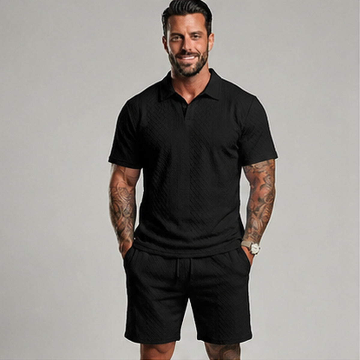 👔 Mens Textured Short Sleeve Polo Shirt and Drawstring Shorts 2 Piece Set 🩳